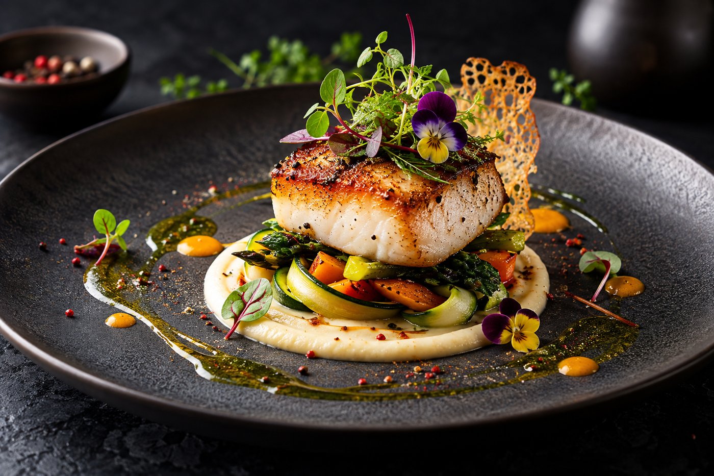 A gourmet plated dish with greens and edible flowers